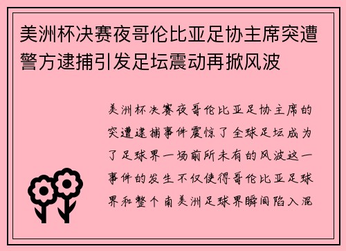 美洲杯决赛夜哥伦比亚足协主席突遭警方逮捕引发足坛震动再掀风波 美洲杯决赛夜哥伦比亚足协主席突遭警方逮捕引发足坛震动再掀风波
